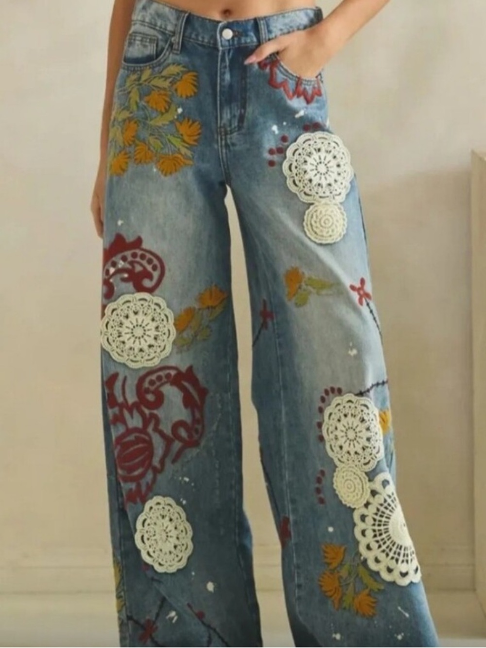 OLI & HALI Blue Wide-Leg Embroidered Patchwork Jeans Brand NEW sz XL - Picture 2 of 10